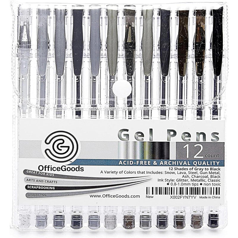 OfficeGoods Grey & Black Gel Pens with Refills â€“ Glitter Metallic Classic â€“ Medium 0.8-1.0mm Tips â€“ Non-Toxic Gel Pens Set â€“ Quick Dry Smudge-Free 12 Pack Colors - Image 1